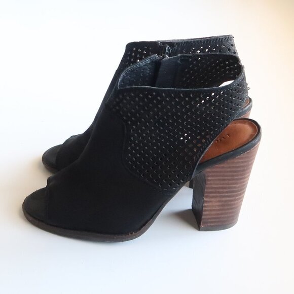 Lucky Brand Black Nubuck Perforated Leather Block Heel Open Toe Bootie Shoes 7.5 - Picture 10 of 16